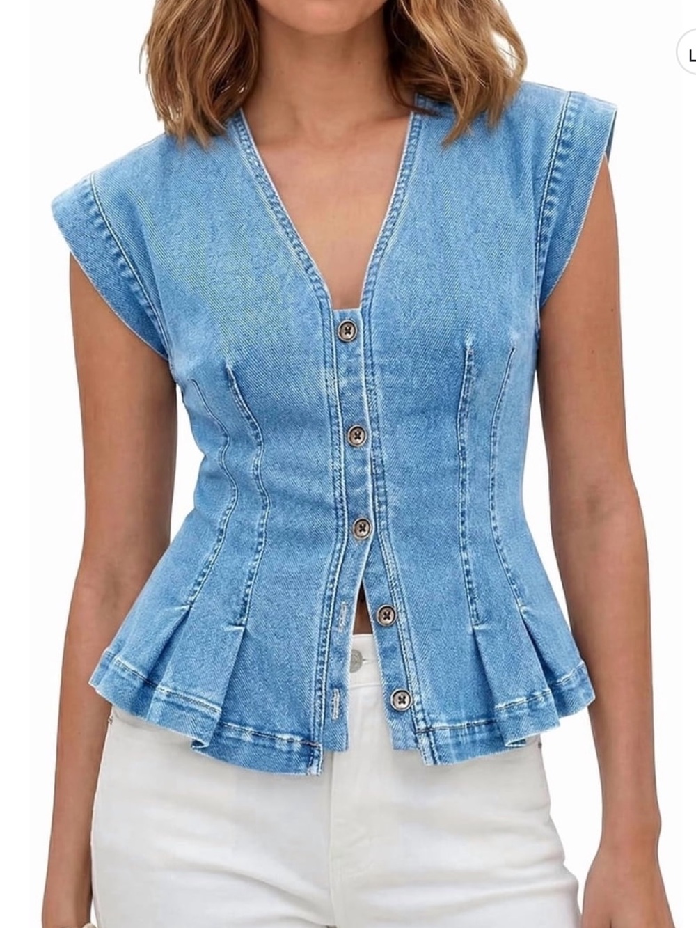 Women’s Light Blue Denim Peplum Button-Front Top